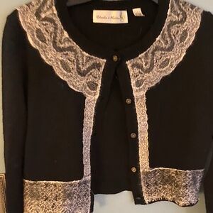 Anthropologie Cropped wool cardigan sweater with lace detail.
